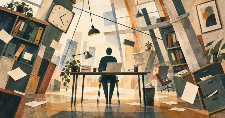 Une personne au travail reste droite tandis que son environnement professionnel se déséquilibre.